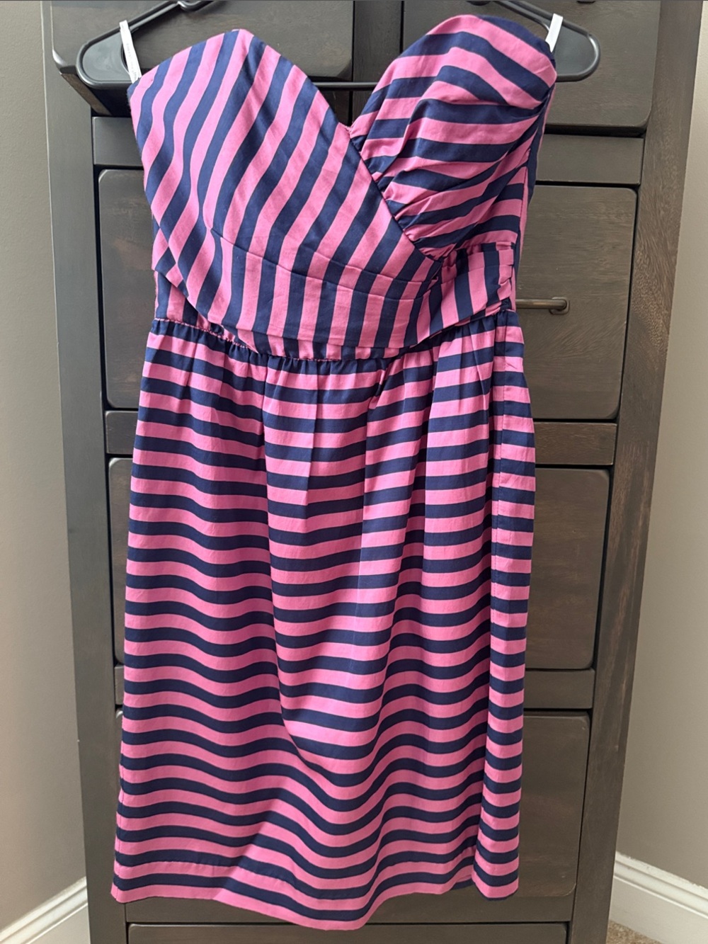 Corey Lynn Calter Pink and Navy Strapless Stripe Dress